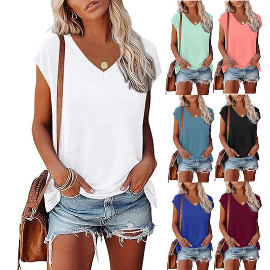 Camiseta informal de verano para mujer, con cuello en V, color liso, de manga corta y sin mangas