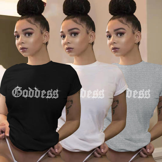 Camiseta básica informal de manga corta con cuello redondo y diamantes de imitación para mujer