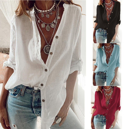 Camisa de lino y algodón de otoño de gran tamaño S-5XL, camisas de moda con botones para mujer, blusas blancas informales holgadas, blusa lisa con mangas enrollables