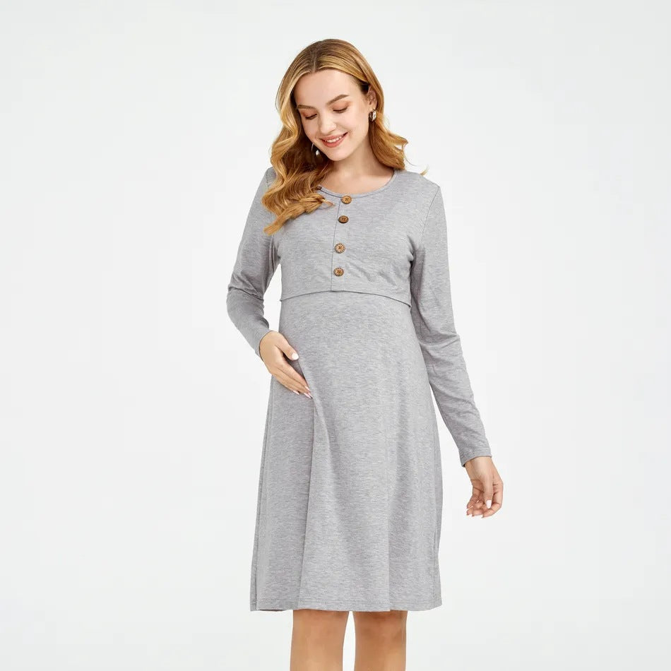 Pregnant Women Casual Solid Color Round Neck Long Sleeve Breastfeeding Dress