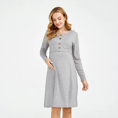 Pregnant Women Casual Solid Color Round Neck Long Sleeve Breastfeeding Dress