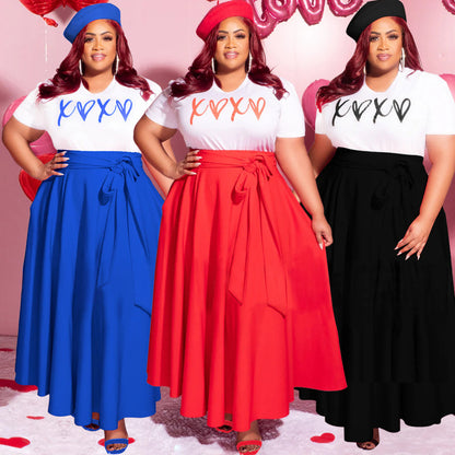 Women Casual Plus Size Letter Print High Waist Pleated Dress