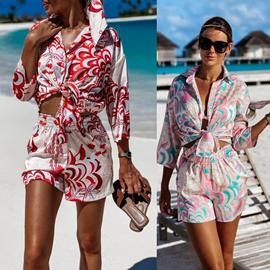Conjunto informal de dos piezas con estampado multicolor para mujer, estilo vacaciones de verano