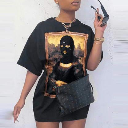 Vestido informal de manga corta con cuello redondo y estampado 3D de letras y eslogan para mujer