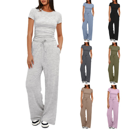 Conjunto deportivo informal de color liso para mujer, con top de manga corta y cintura alta y pantalones anchos