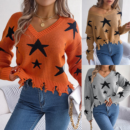 Autumn Winter Women Fashion Casual V-Neck Star Hole Long Sleeve Knitted Sweater