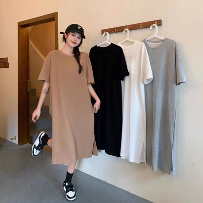 Vestido casual de manga corta de color liso para mujer