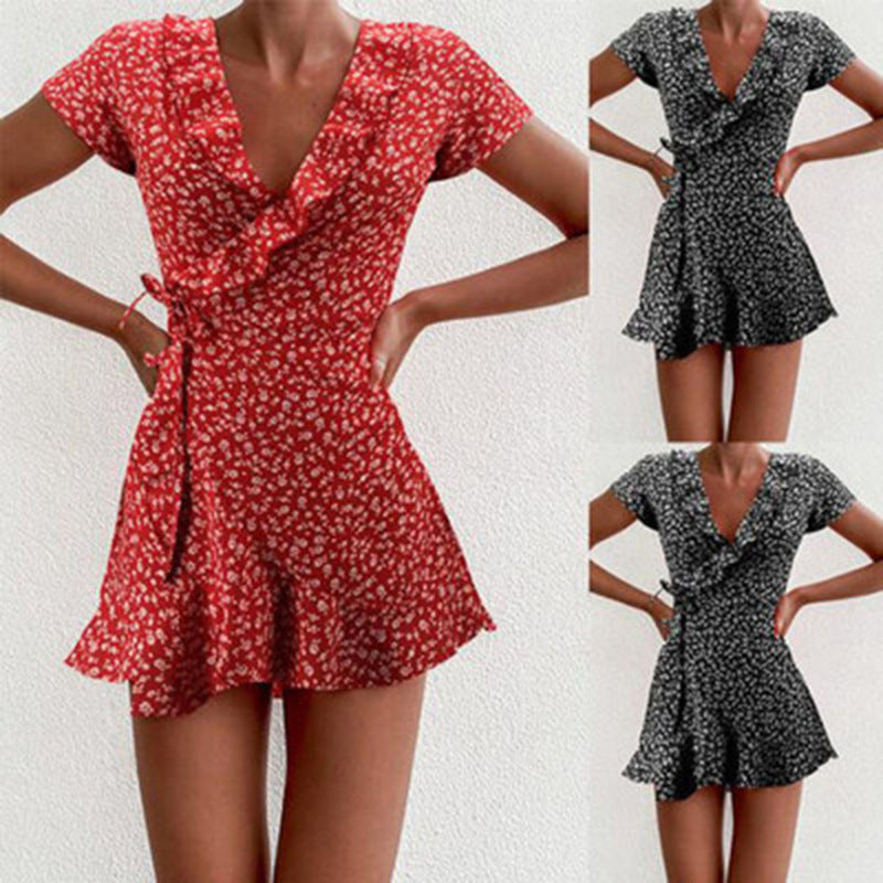 Women'S Fashion Casual Vacation Floral Printing Ruffled Lace-Up Short Sleeve Wrap Dress