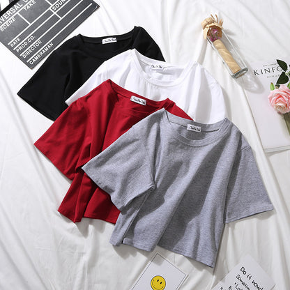 Camiseta básica de verano para mujer, de manga corta, color liso, con cuello redondo y cintura alta, informal, holgada