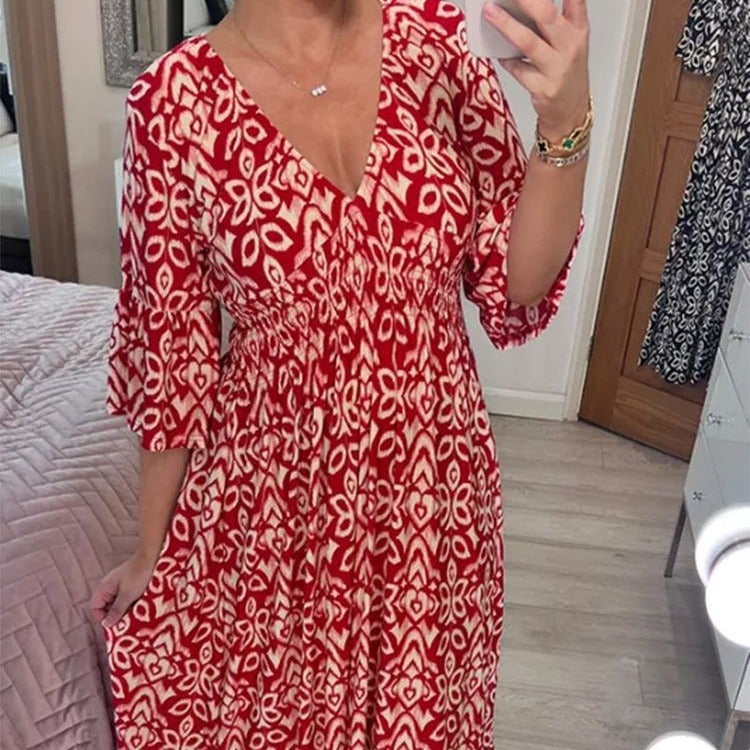 Vestido largo informal con cuello en V y estampado de flores pequeñas para mujer