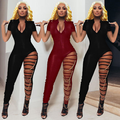 Summer Women Fashion Solid Color Short Sleeve Casual Zipper Ripped Chain Jumpsuit