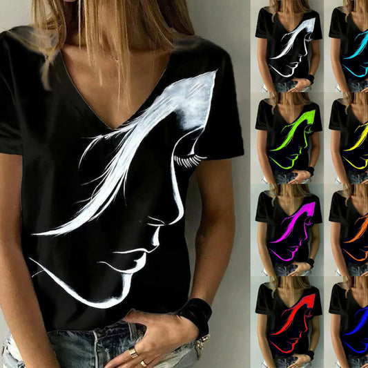 Camiseta básica de verano con cuello en V y estampado 3D de personajes informales para mujer