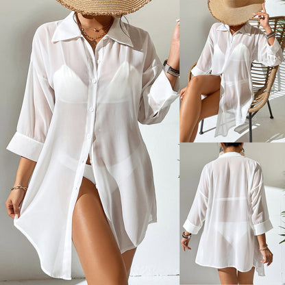 Women Casual Perspective Chiffon Shirt Bikini Cover-Ups