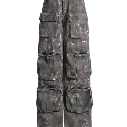 Women Fashion Casual Street Pocket Wide-Leg Camouflage Loose Overalls Washed Jeans Cargo Pants