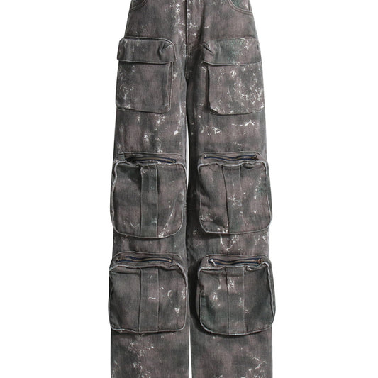 Pantalones cargo vaqueros lavados con bolsillos de pierna ancha y camuflaje holgados para mujer
