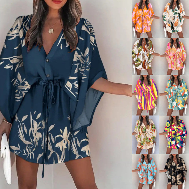 Women Elegant Bohemian Summer Short Sleeves V Neck Casual Bandage Holiday Dress