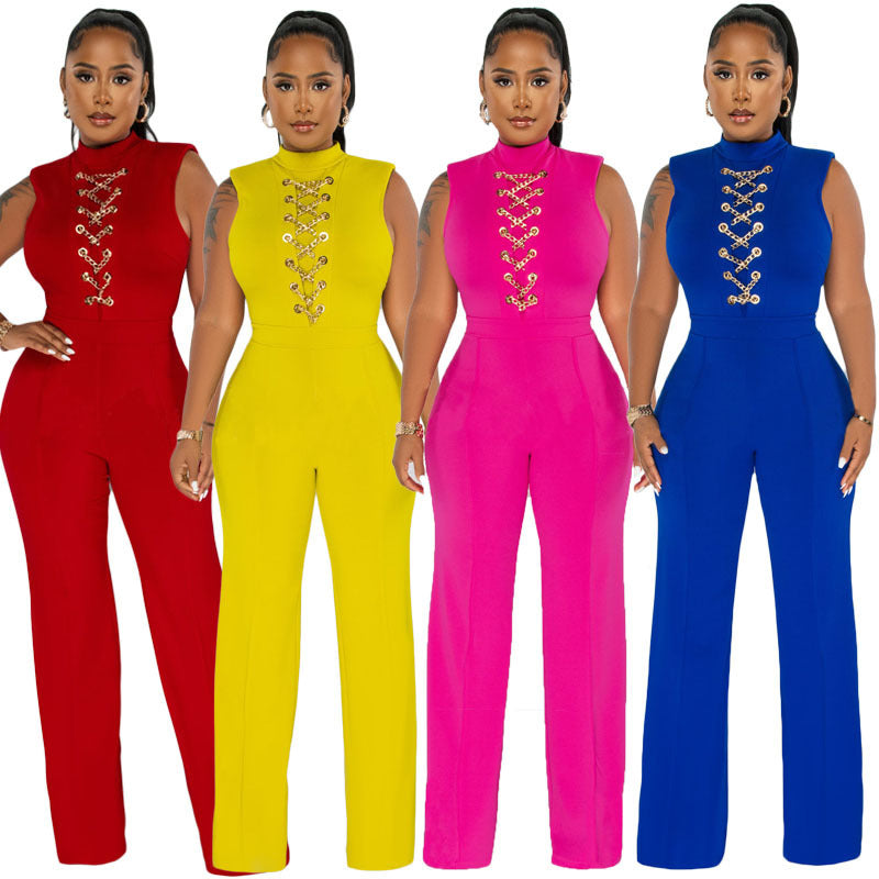 Women Solid Color High Waist Casual Wide Leg Jumpsuit