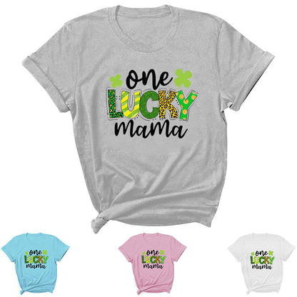 Camiseta informal de manga corta con cuello redondo y estampado de letras "One Lucky Mama" para mujer