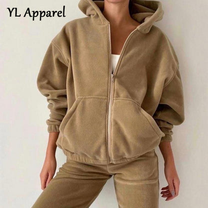 Women Tracksuit Casual 2 Pieces Set Zipper Hooded Sweatshirt And Long Pants Suit