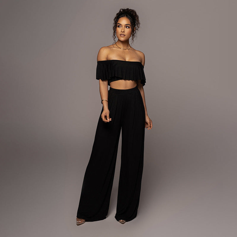 Conjuntos casuales de moda para mujer: top de tubo con volantes y pantalones anchos, cuello alto y sexy