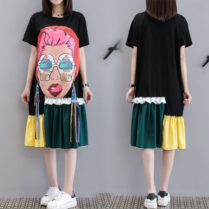 Women Plus Size Casual Fashion Graphic Girl Print Short Sleeve Color Blocking Hem Loose Dress