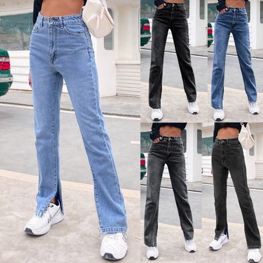 Women Fashion Casual High Waist Denim Trousers Spring Summer Side-Slit Basic Solid Straight Jeans