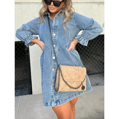 Fashion Casual Women Puff Sleeve Loose Lapel Denim Dress