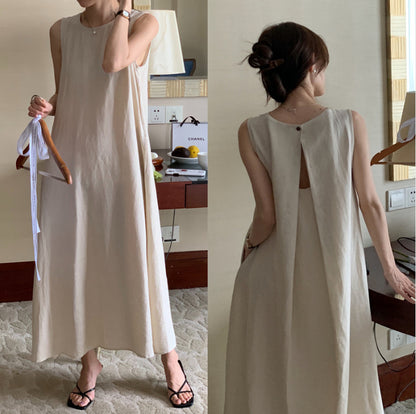 Women Fashion Minimalist Casual Solid Color Round Neck Sleeveless Dress