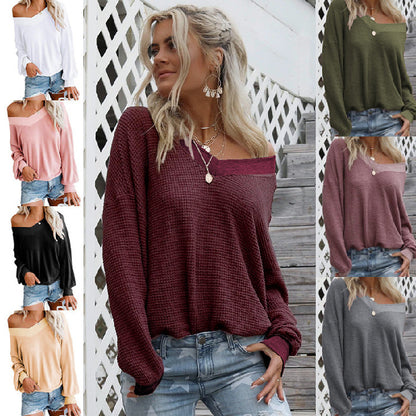 Women Fashion Winter Casual Lantern Sleeve Solid Color Knitted Top
