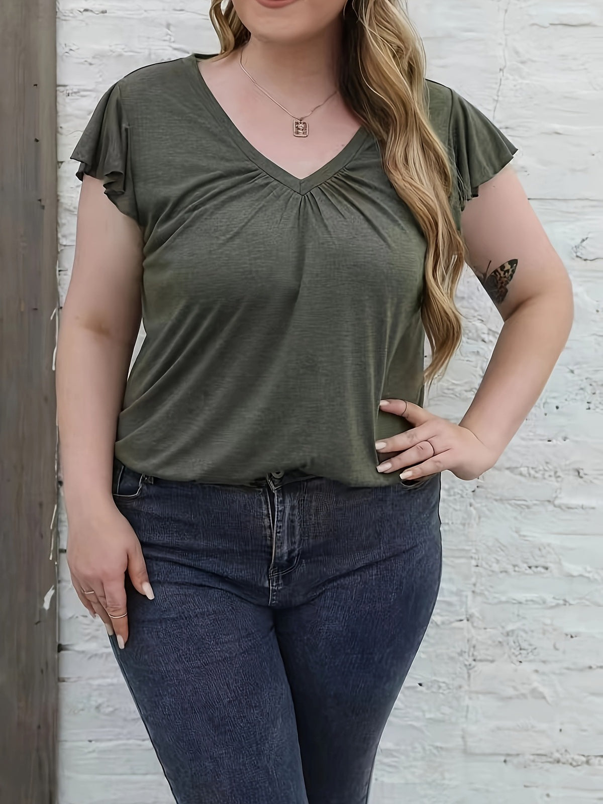 Women Fashion Casual Plus Size Solid Color V-Neck Short Sleeve T-Shirt