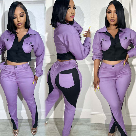 Women Casual Sports Stitching Color Long-Sleeved Top Pants Two-Piece Set