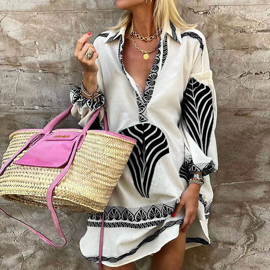 Women Boho Spring And Summer Casual Long Shirt Loose Vacation V-Neck Dress