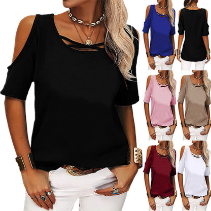 Spring And Summer Women Fashion Casual Solid Color Cool Shoulder Loose Short-Sleeved T-Shirt