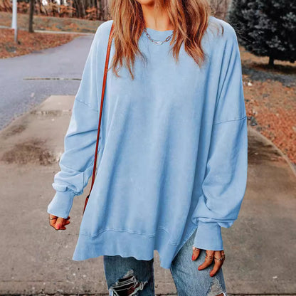 Autumn Women Fashion Casual Solid Color Round Neck Long Sleeve Blank Sweatshirt