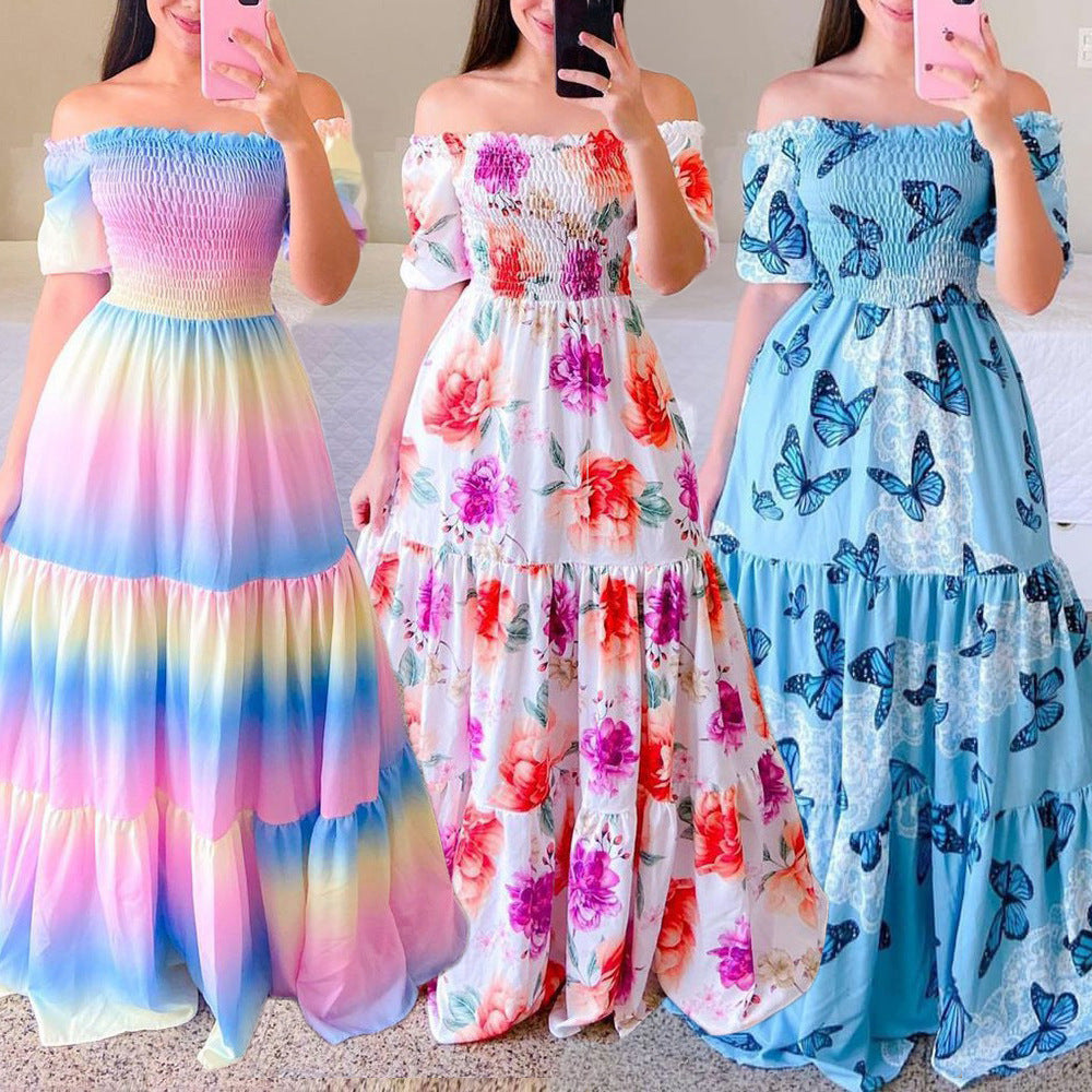 Summer Vacation Women Rainbow Color Floral Butterfly Large Swing Off Shoulder Casual Maxi Dress