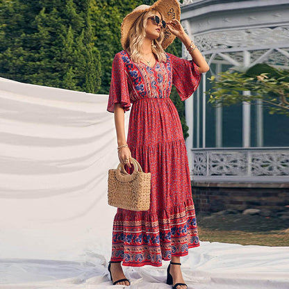 Women Bohemian Casual Floral Printing V-Neck Defined Waist Short Sleeve Dress