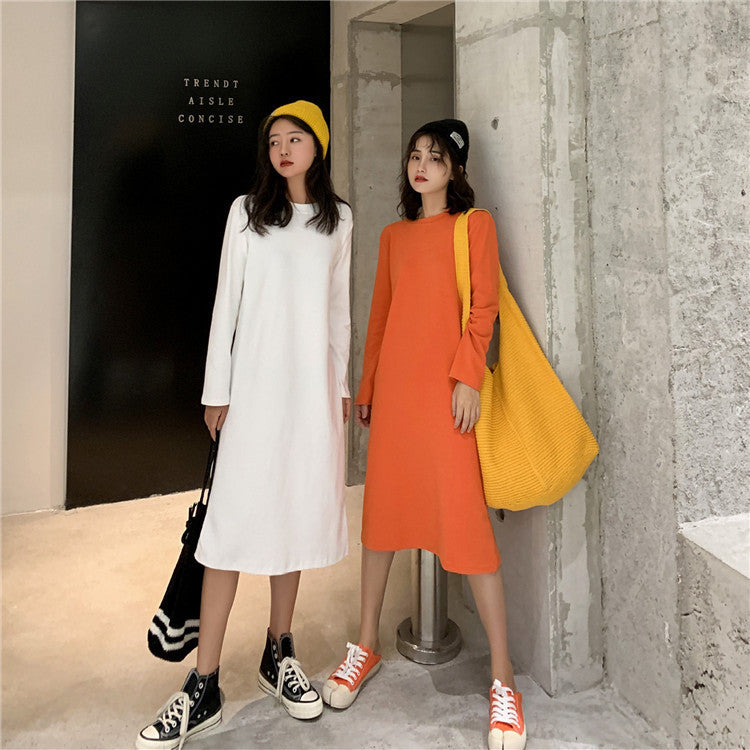 Women Fashion Casual Solid Color Loose Round Neck Long Sleeve Dress