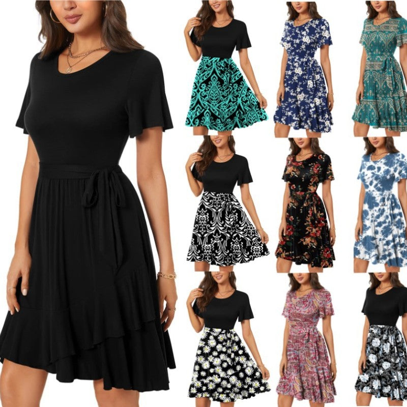 Women'S Casual Round Neck Printed Short Sleeve Dress