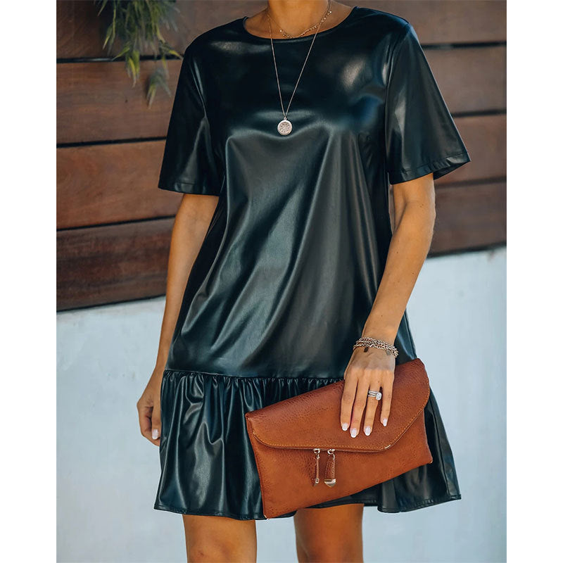 Spring Ruffle Loose Patent Leather Casual Women Solid Pu Dress