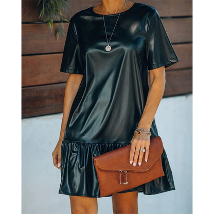Spring Ruffle Loose Patent Leather Casual Women Solid Pu Dress