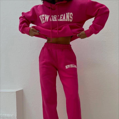 Conjunto deportivo informal de moda para mujer, con capucha y pantalones de chándal, estampado de letras y nombre de ciudad y bolsillo