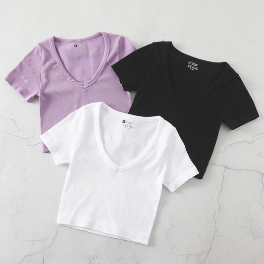 Women Fashion Casual Solid Color V-Neck Short-Sleeve Seamless Yoga Sports T-Shirt