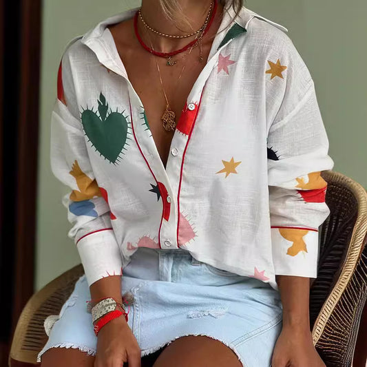 Blusa holgada informal de manga larga con solapa y estampado para mujer