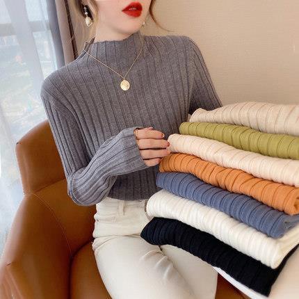 Women Fashion Basic Casual Half High Neck Long Sleeve Knitted Sweater