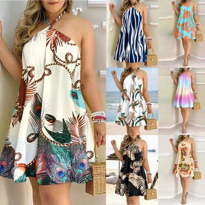 Women Elegant Vintage Casual Summer Halter Neck Lace Loose Loose Dress