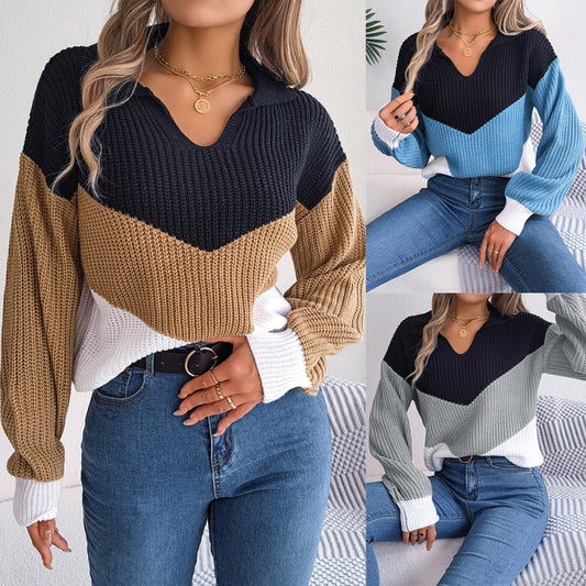 Autumn Winter Women Fashion Casual Lapel Color Block Long Sleeve Knitted Sweater