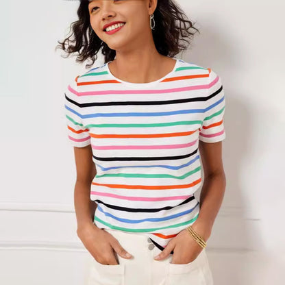 Camiseta informal de manga corta con cuello redondo y rayas para mujer