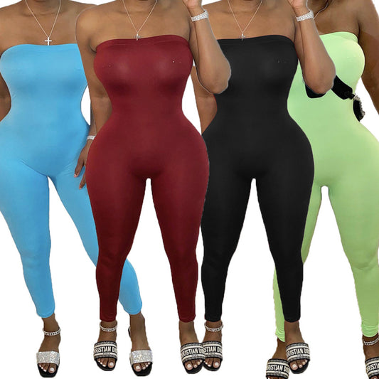 Women Casual Wrap Chest Tight Solid Color Jumpsuit