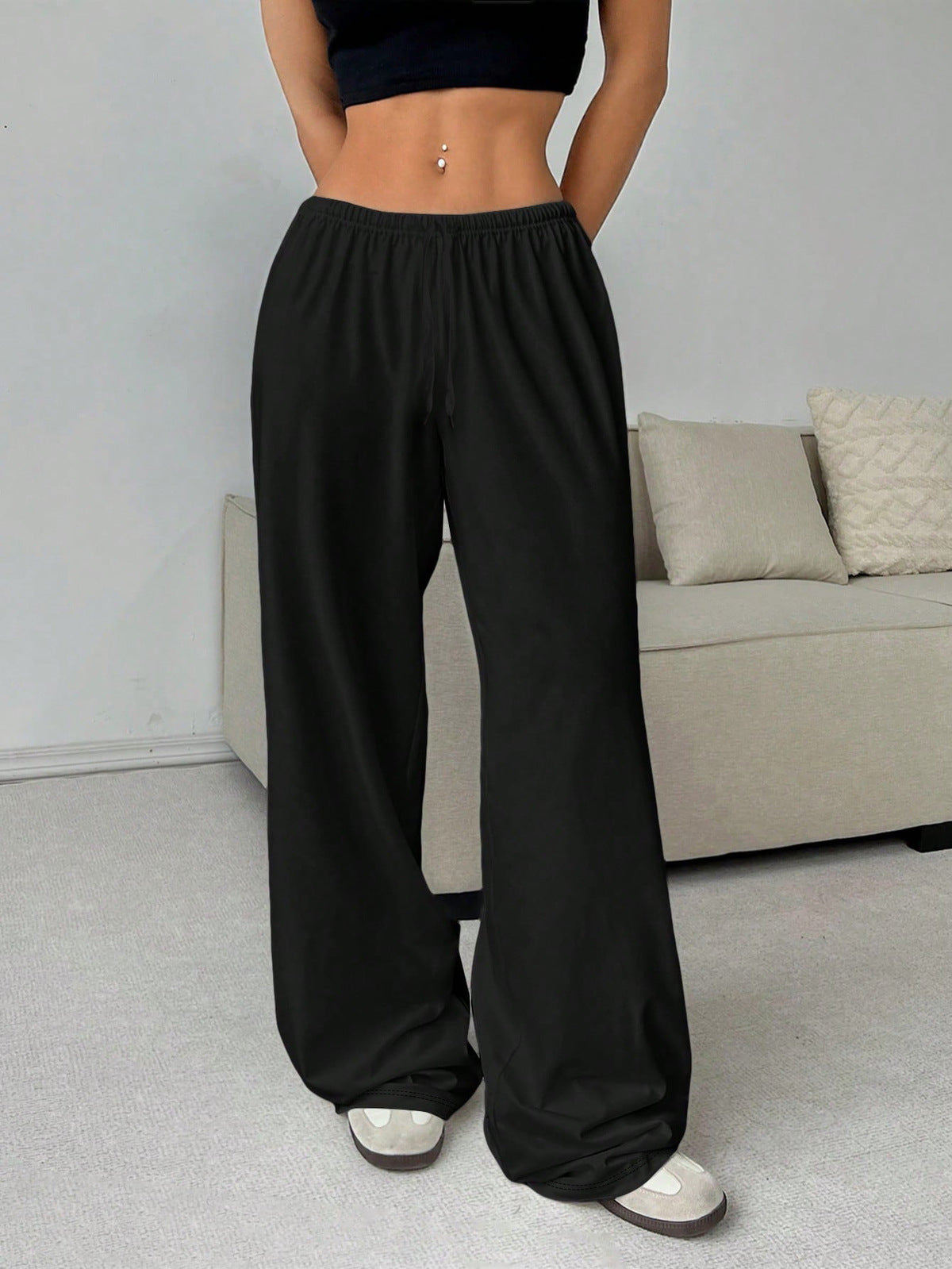 Women Casual Simple Solid Color Loose Lace-Up Wide Leg Pants