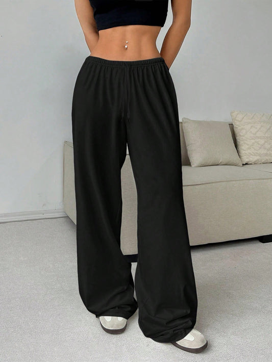 Pantalones casuales sencillos de color sólido con cordones y pierna ancha para mujer